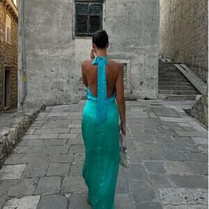 The Wolf Gang Halter Slip Dress Oahu Blue Green Size XS